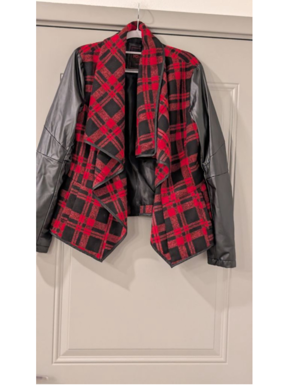 Women's Yoki Plaid Draped Jacket with Faux Leather Sleeves S Red Black